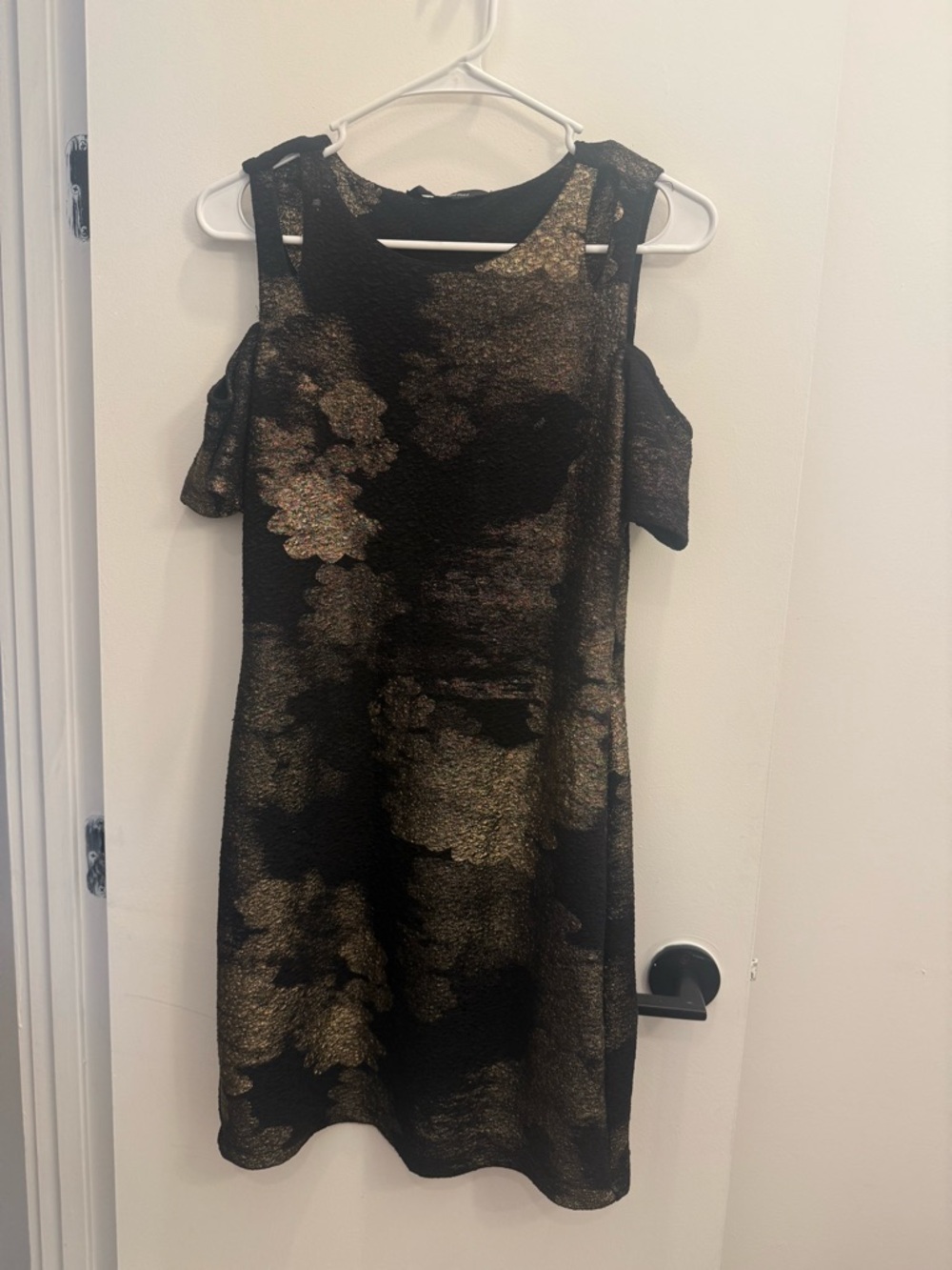 Black & Gold Cold-Shoulder Metallic Floral Dress